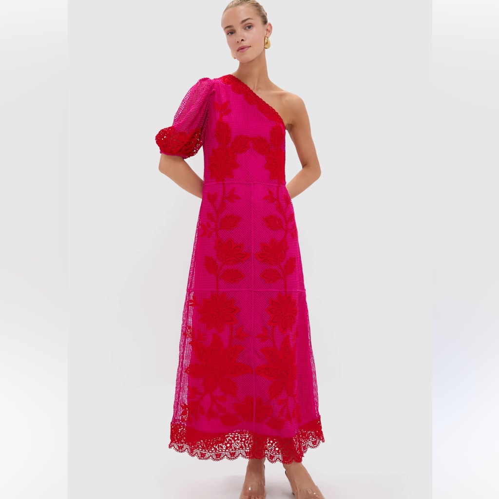 Farm Rio Guipuire Bicolor One Shoulder Maxi Dress